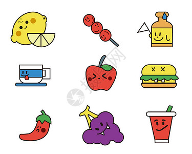 冰橙蓝黄绿红橙白紫柠檬冰糖葫芦调味饮料拟人SVG元素图标套图插画