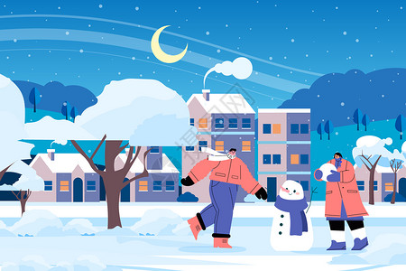冬季情侣堆雪人矢量插画背景图片