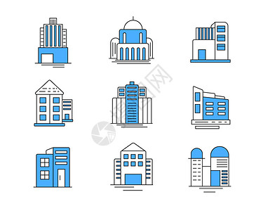 背景四合院蓝色ICON图标建筑物房屋SVG图标元素套图插画