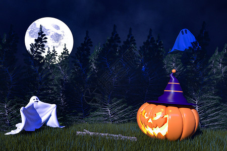 荷灯和小幽灵C4D万圣节前夜夜晚立体背景设计图片