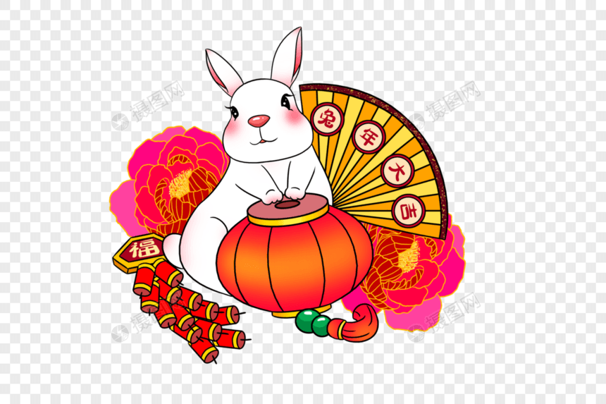 2023年兔年新年可爱的卡通小白兔和灯笼鞭炮扇子牡丹花图片