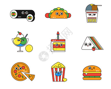 拟人三明治黄绿红橙白食物拟人SVG元素图标套图插画