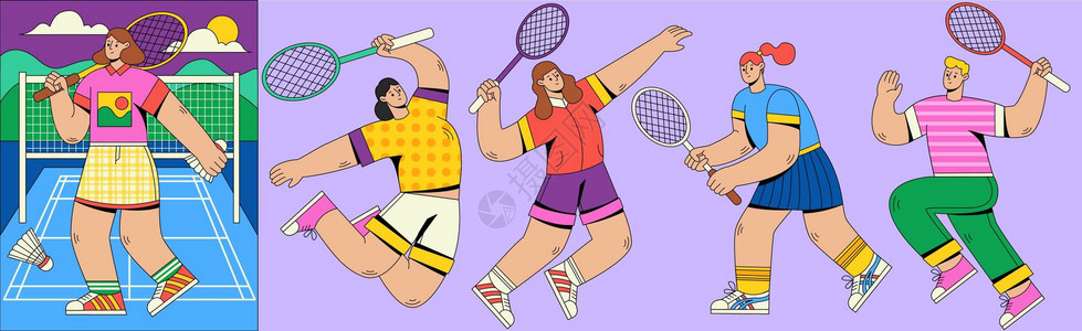 球场全景图SVG插画组件之羽毛球运动扁平人物动态插画
