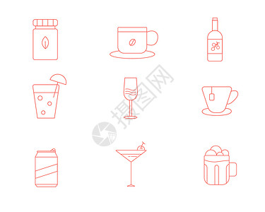 不同类型的酒水红白线条酒水饮料矢量套图插画