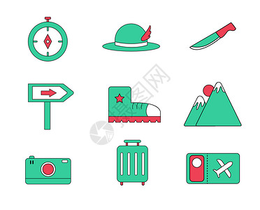 旅行箱和遮阳帽红绿色系旅游矢量套图插画