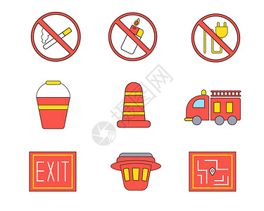 紧急出口标志红黄色系火灾矢量套图插画