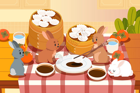 二十四节气立冬节气小兔子在桌子上一起吃饺子插画图片