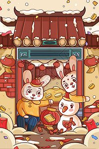 兔年流行大兔年新年大门前拿着灯笼的小兔子和雪人插画