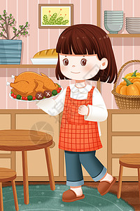 端着美食的奶奶感恩节端着一盘烤鸡的女孩插画