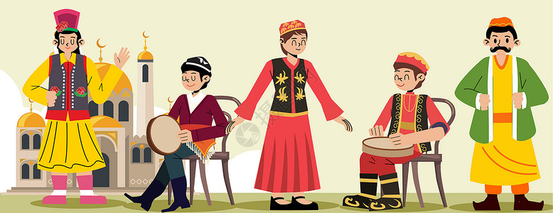 名族音乐素材少数民族维吾尔族人物矢量组合插画
