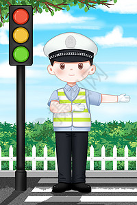 交警手势素材全国交通安全日红绿灯旁指挥的交警插画