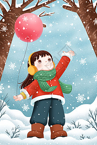 冬天雪中拿着气球的小女孩背景图片