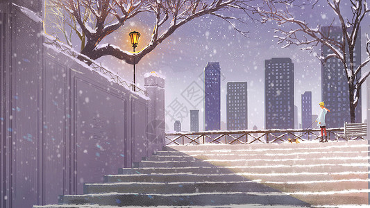 傍晚的城市冬天在雪中漫步插画