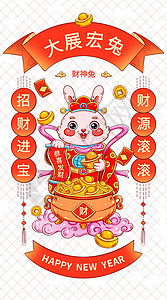 oh卡牌国潮新年春节卡通财神兔插画插画