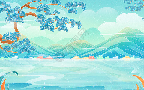第一场雪国潮冬天诗意山脉山水插画背景插画