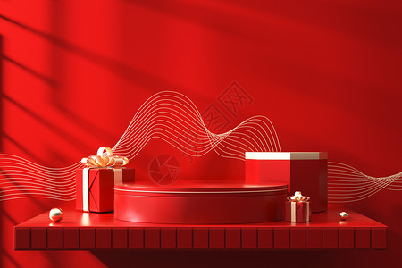 新年大促优惠券红色国潮光影展台设计图片