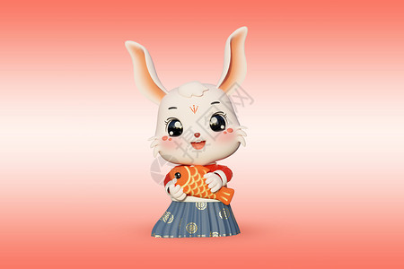 c4d中国风抱鱼的兔子拟人模型背景图片