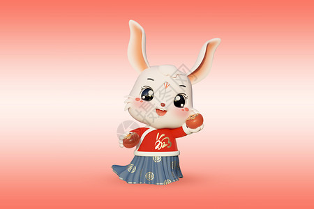 c4d中国风拿柿子的兔子拟人模型图片