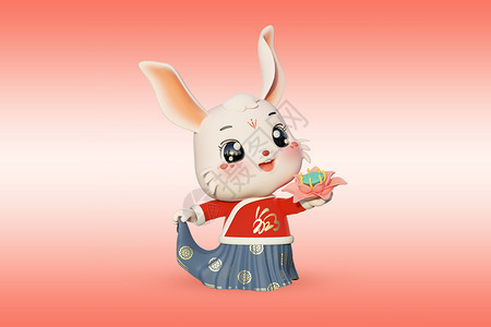 c4d中国风拿花的兔子拟人模型图片