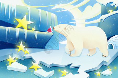 冰川上的北极熊与女孩冬季节气梦幻海报插画背景图片