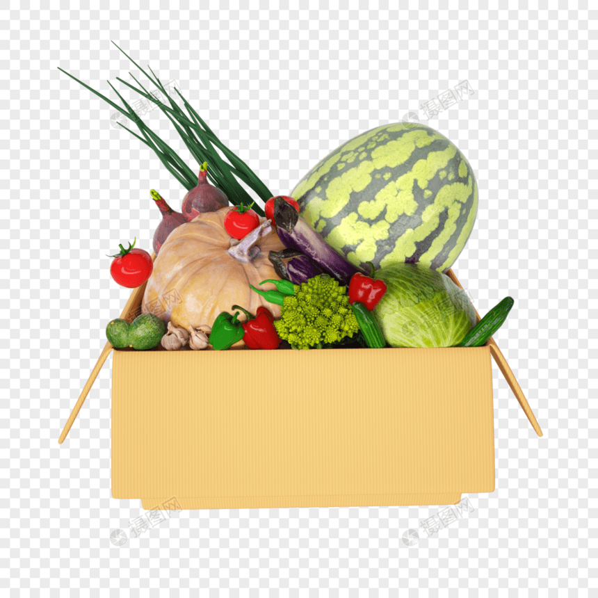 3D立体蔬菜水果纸箱模型主题元素图片