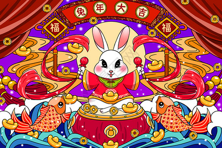 钱币上的IPO2023年兔年新年坐在红色大鼓上击鼓的穿着唐装可爱的卡通小白兔插画