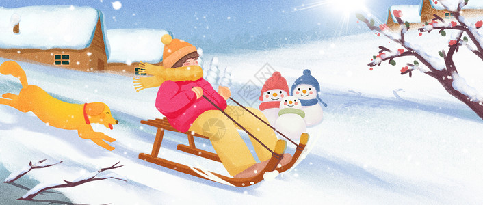 冬至下雪天滑雪雪橇运动卡通人物和狗插画高清图片
