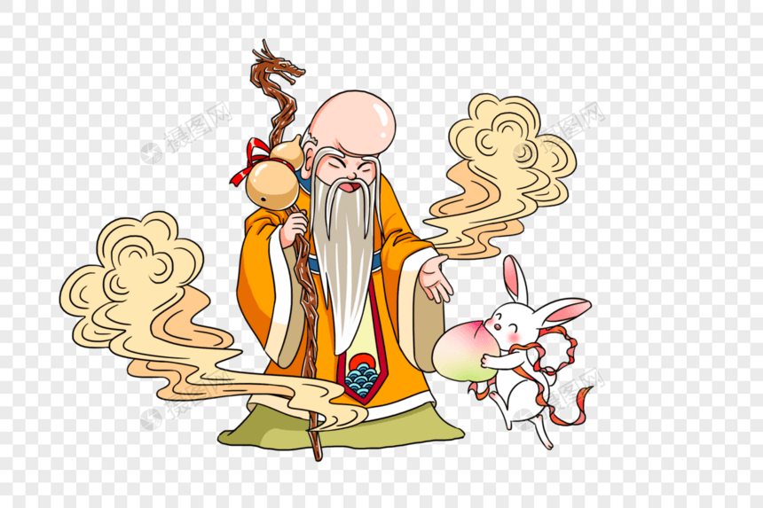 2023年兔年新年寿星公和拿着寿桃的可爱卡通小兔子图片