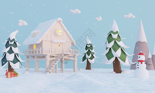 可爱的雪人3D渲染冬季森林木屋场景设计图片