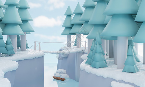 3D冬季雪地森林河流背景图片