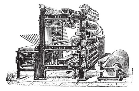 恰玛古玛利诺尼旋转印刷机复古雕刻插画