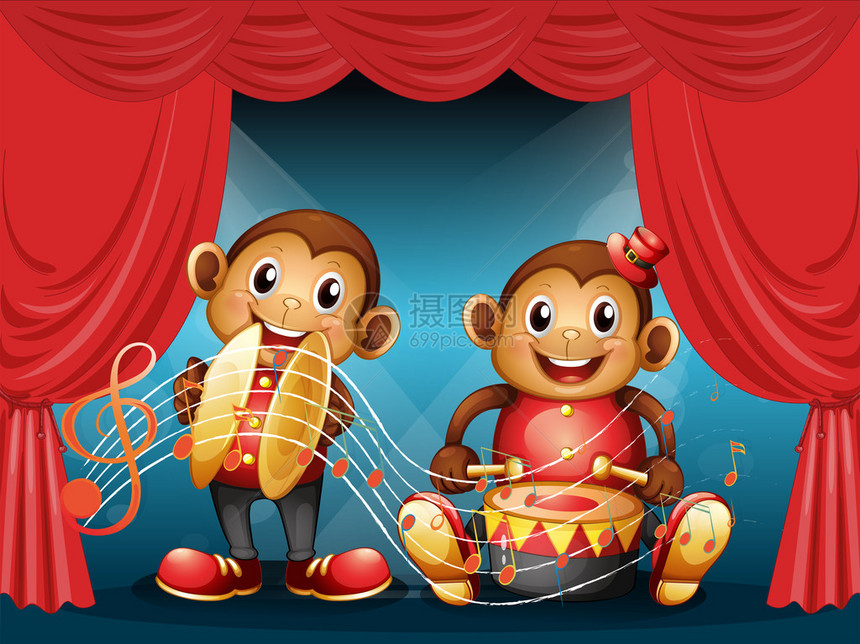 两只猴子在舞台上表演的插图图片