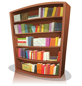 一个卡通家庭学校或图书馆商店木制书架的插图图片