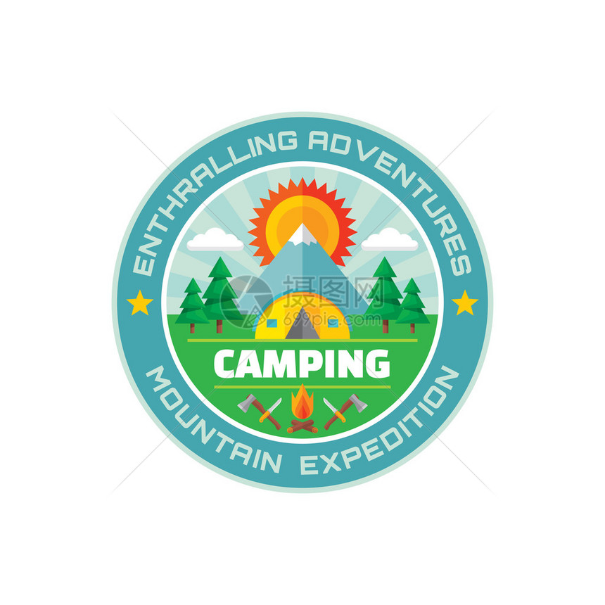 迷人的冒险山远征矢量徽章插画在平面样式野营的夏天矢量标志矢量标志模板设计元素图片