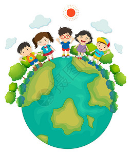 站在地球周围的儿童插图儿童在图片
