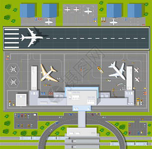 有所建筑物飞机车辆和机场跑道的背景图片
