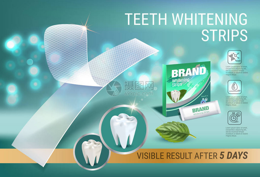 专业美白条纹广告矢量与牙齿漂白白和薄荷的3d图图片