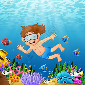 卡通男孩与鱼海中游泳图片