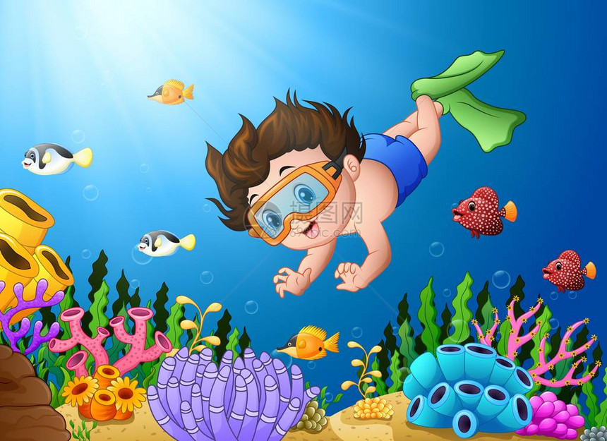 在海中潜水的卡通男孩图片