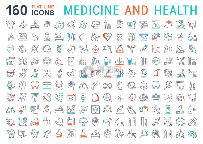 在平面设计和健康中设置矢量线图标符号和符号图片