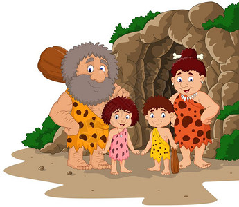 卡通穴居人家庭与洞穴背景高清图片
