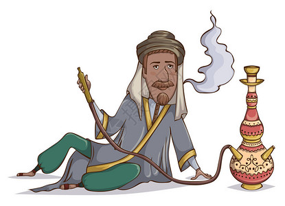 阿拉伯男人烟水烟卡通人物矢量图图片