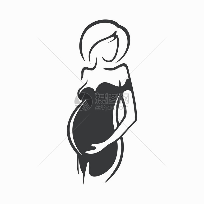 绘图线漂亮怀孕女孩穿着黑色衣服一个孩子的出生矢量图形的插图画设计的黑色和白色轮廓图片