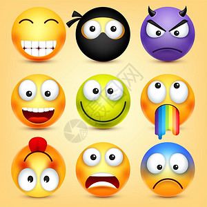 人见人爱面带笑容表情符号设置黄色的脸与情感面部表情3d的真实表情有趣的卡通心情Web图标矢量图设计图片