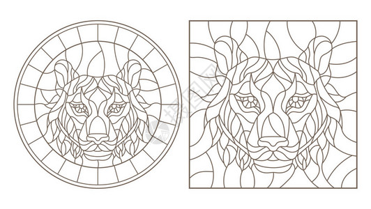 用虎头圆形和方形图像白色背景上的深色轮廓设置彩色玻璃的轮廓图图片