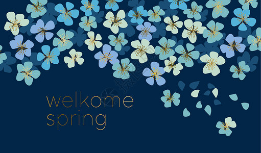 樱花盛开的花朵在夜晚蓝色粉彩装饰樱卡片请柬页眉的春季花卉矢量插图图片