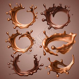 拖放一套逼真的飞溅和融化的和黑巧克力滴动态圆飞溅的漩涡液体巧克力热咖啡可可包装设计元素矢量3d插图设计图片
