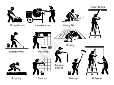 家装和房屋翻新的图标象形文字描述工人和专家翻新升级和修复建筑背景图片