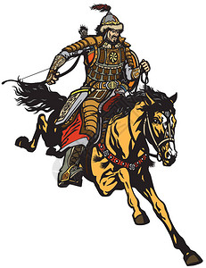 中世纪时期古城蒙古弓箭手骑着马骑马在马背上驰骋捧着弓成吉思汗中世纪时期孤立向量插图插画
