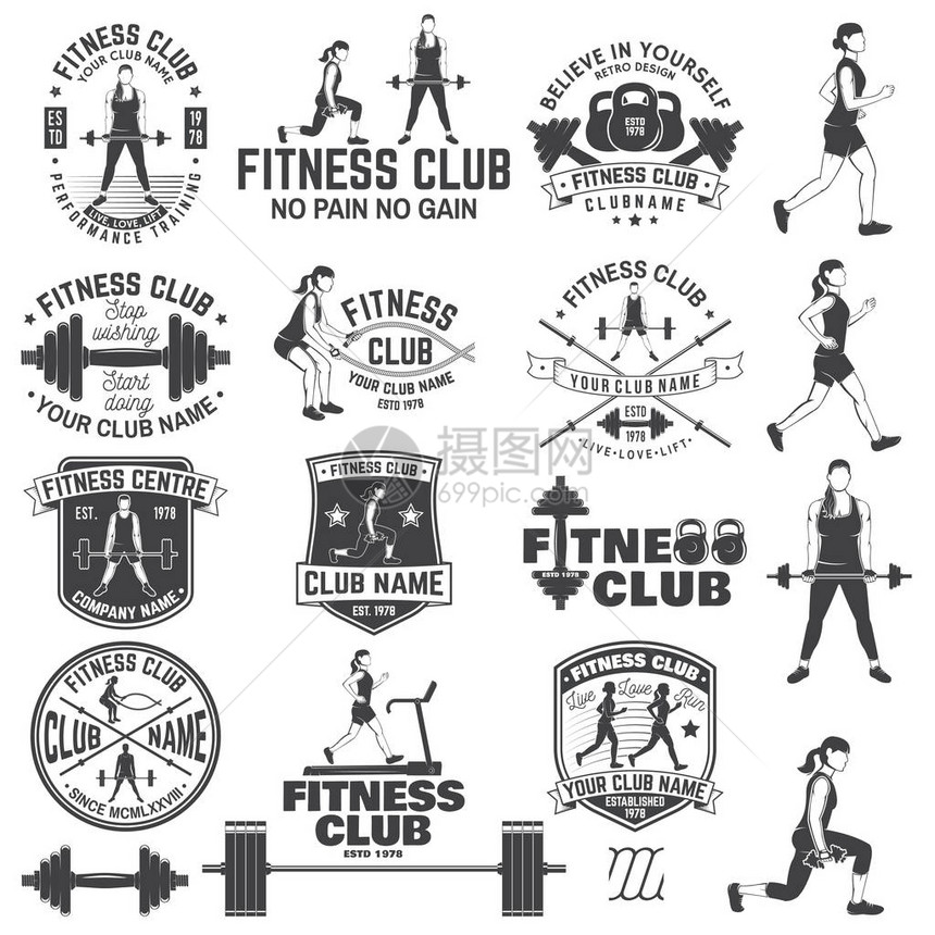 健身俱乐部徽章向量健身中心标志健身房招牌和其他图片